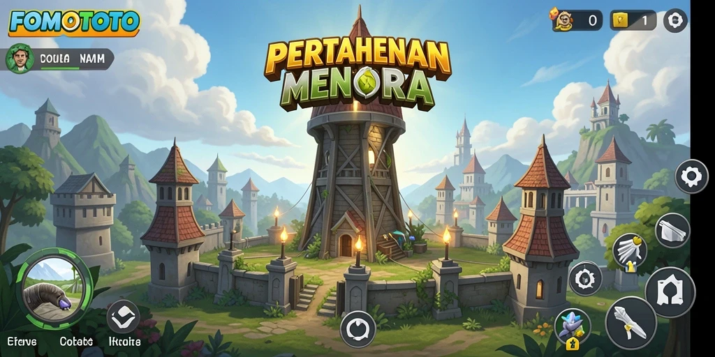Screenshot gameplay FOMOTOTO menampilkan pertarungan menara yang mendebarkan.