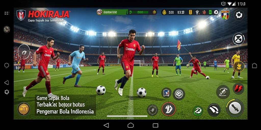 Tampilan gameplay HOKIRAJA yang mendebarkan dalam sebuah pertandingan sepak bola.