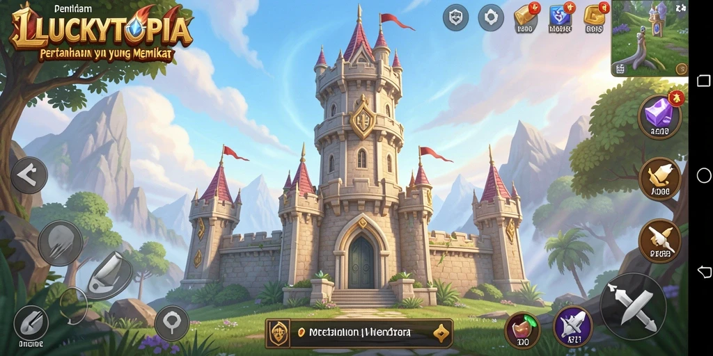 Screenshot gameplay LUCKYTOPIA yang menunjukkan menara bertahan melawan gelombang musuh.
