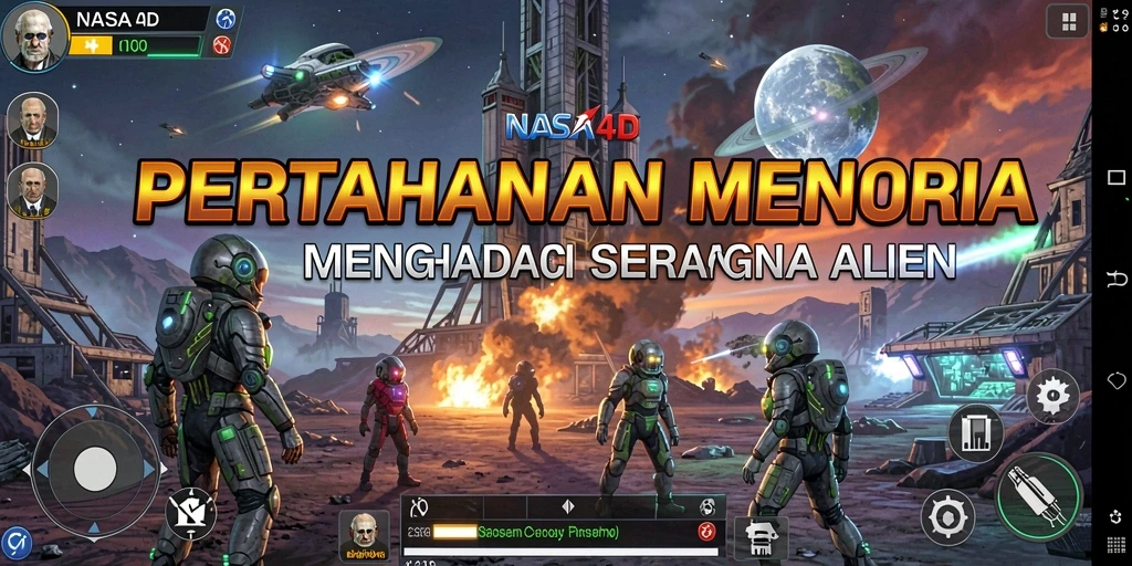 Screenshot gameplay NASA4D menunjukkan pertahanan menara yang aktif melawan serangan alien.
