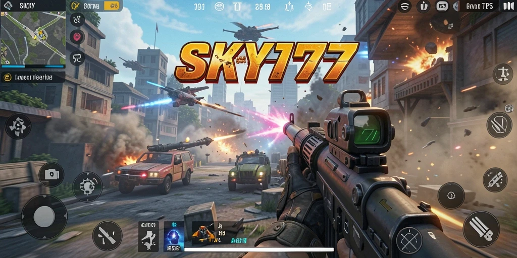 Tampilan gameplay menegangkan dalam SKY77 dengan aksi TPS.