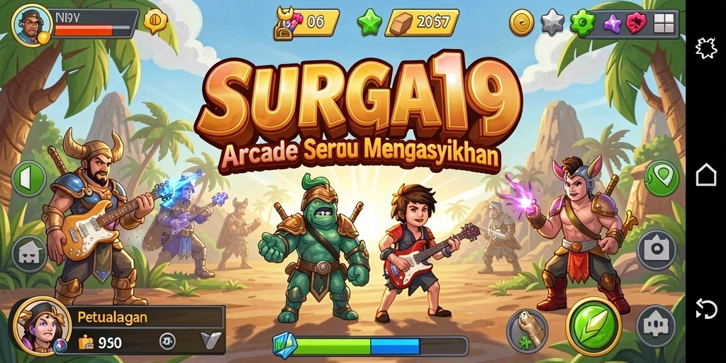 Tampilan gameplay SURGA19 dengan karakter dan level yang penuh warna.