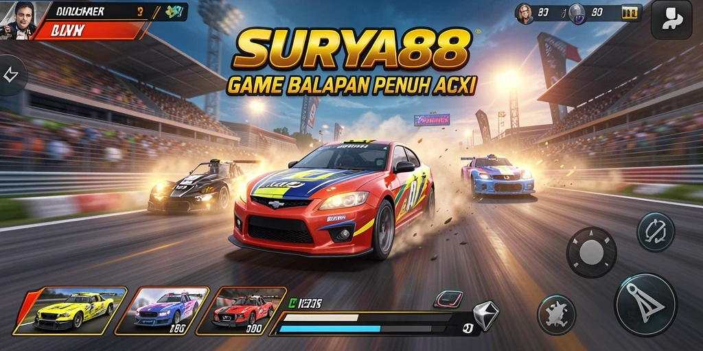 Tangkapan layar menampilkan aksi balapan yang mendebarkan dalam SURYA88.